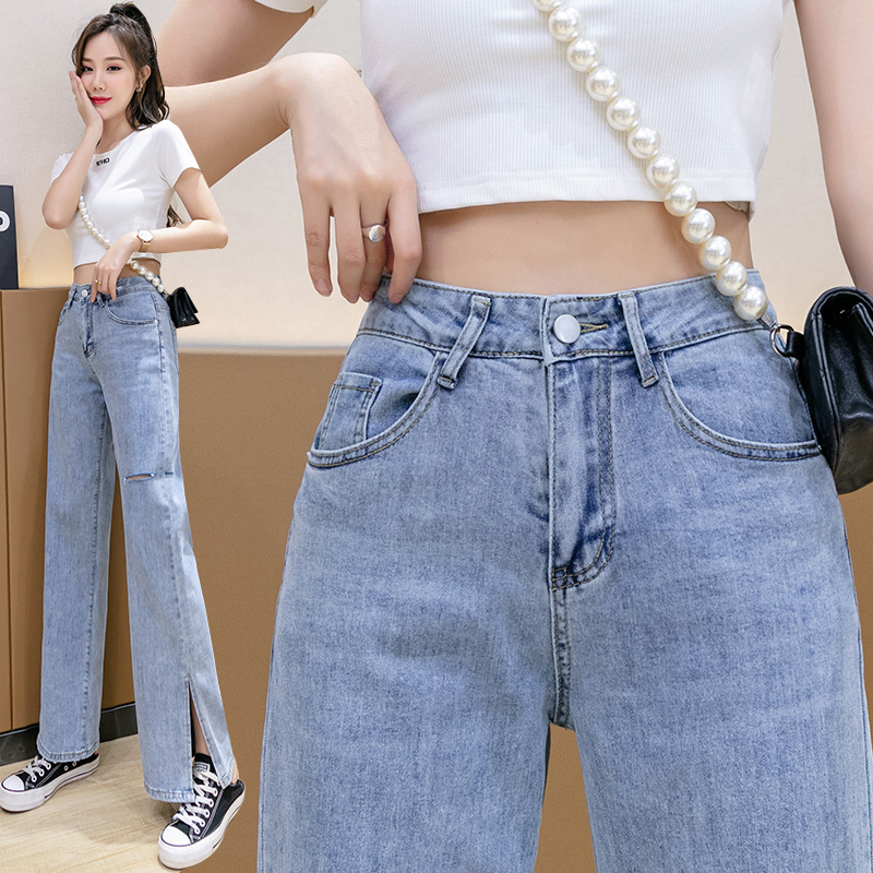 實拍破洞開叉淺色牛仔褲女2025秋季韓版高腰顯瘦闊腿哈倫九分褲潮