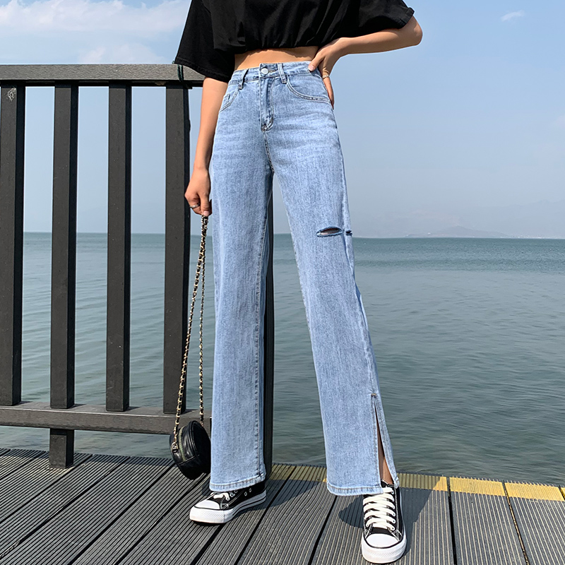 實拍破洞開叉闊腿牛仔褲女2025秋季韓版新款高腰顯瘦哈倫寬腿長褲