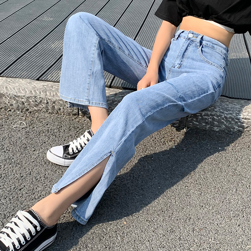 實拍破洞開叉闊腿牛仔褲女2025秋季韓版新款高腰顯瘦哈倫寬腿長褲