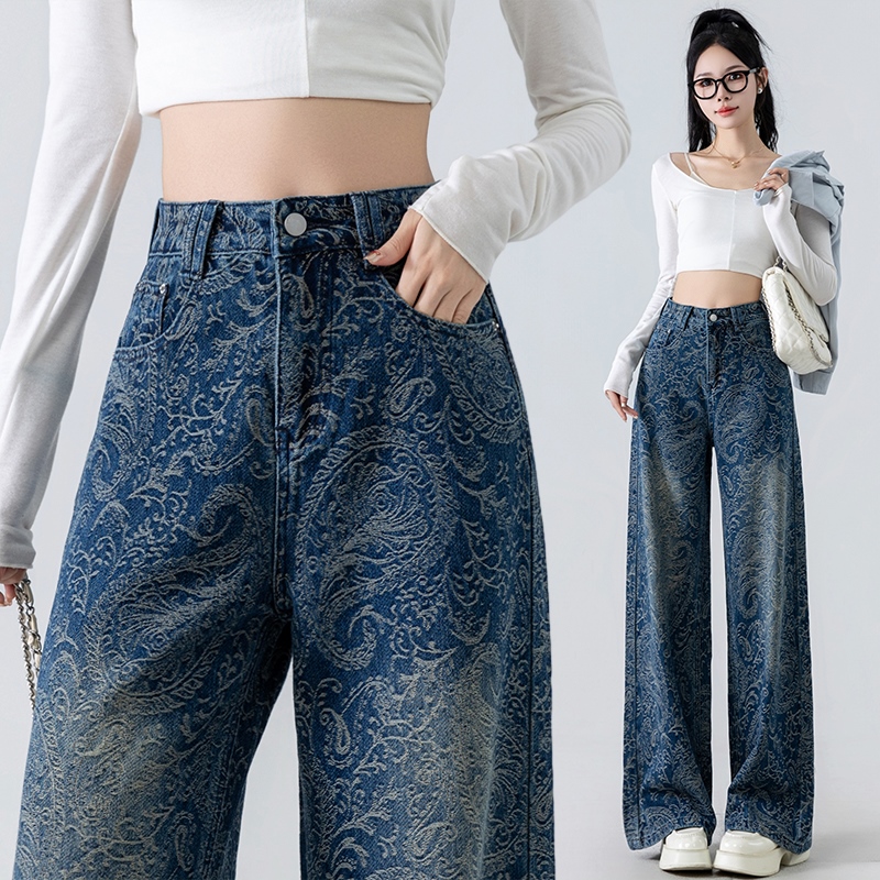實拍無彈提花牛仔褲女2025秋冬甜酷辣妹風垂墜顯瘦闊腿拖地褲