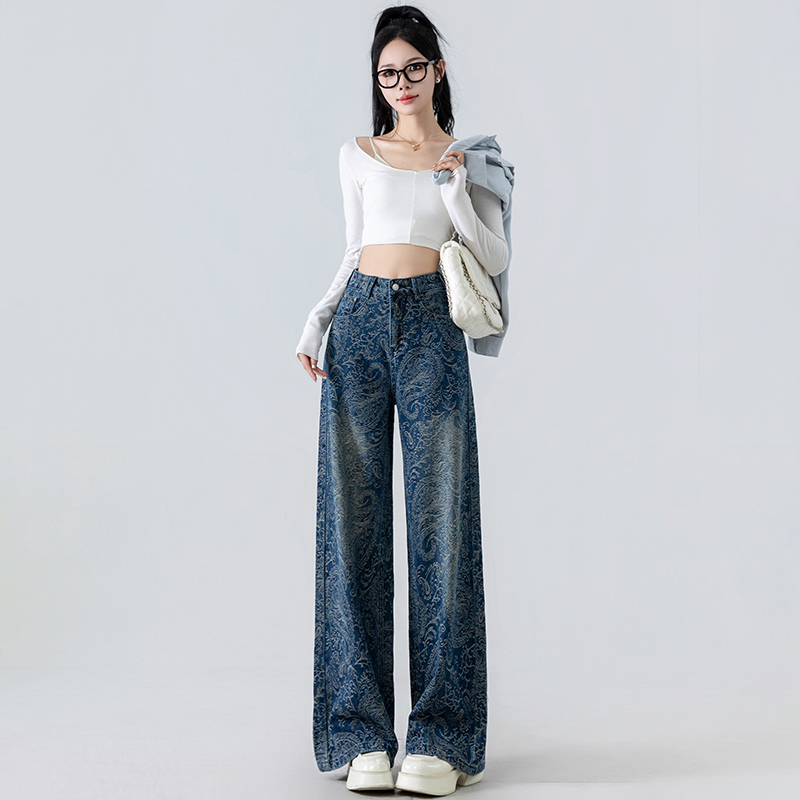 實拍無彈提花牛仔褲女2025秋冬甜酷辣妹風垂墜顯瘦闊腿拖地褲