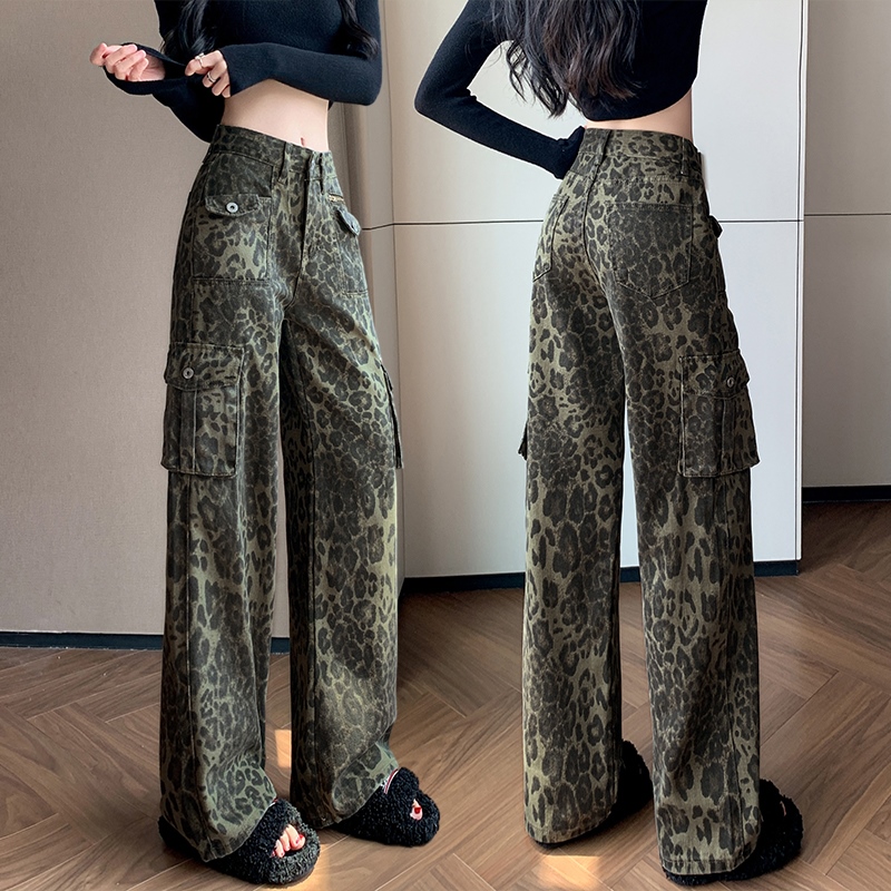 大貨實拍無彈精棉牛仔褲女2025秋冬季美式辣妹風型豹紋迷彩工裝褲