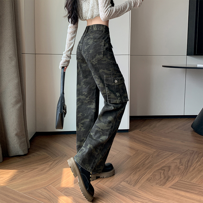大貨實拍無彈精棉牛仔褲女2025秋冬季美式辣妹風型豹紋迷彩工裝褲