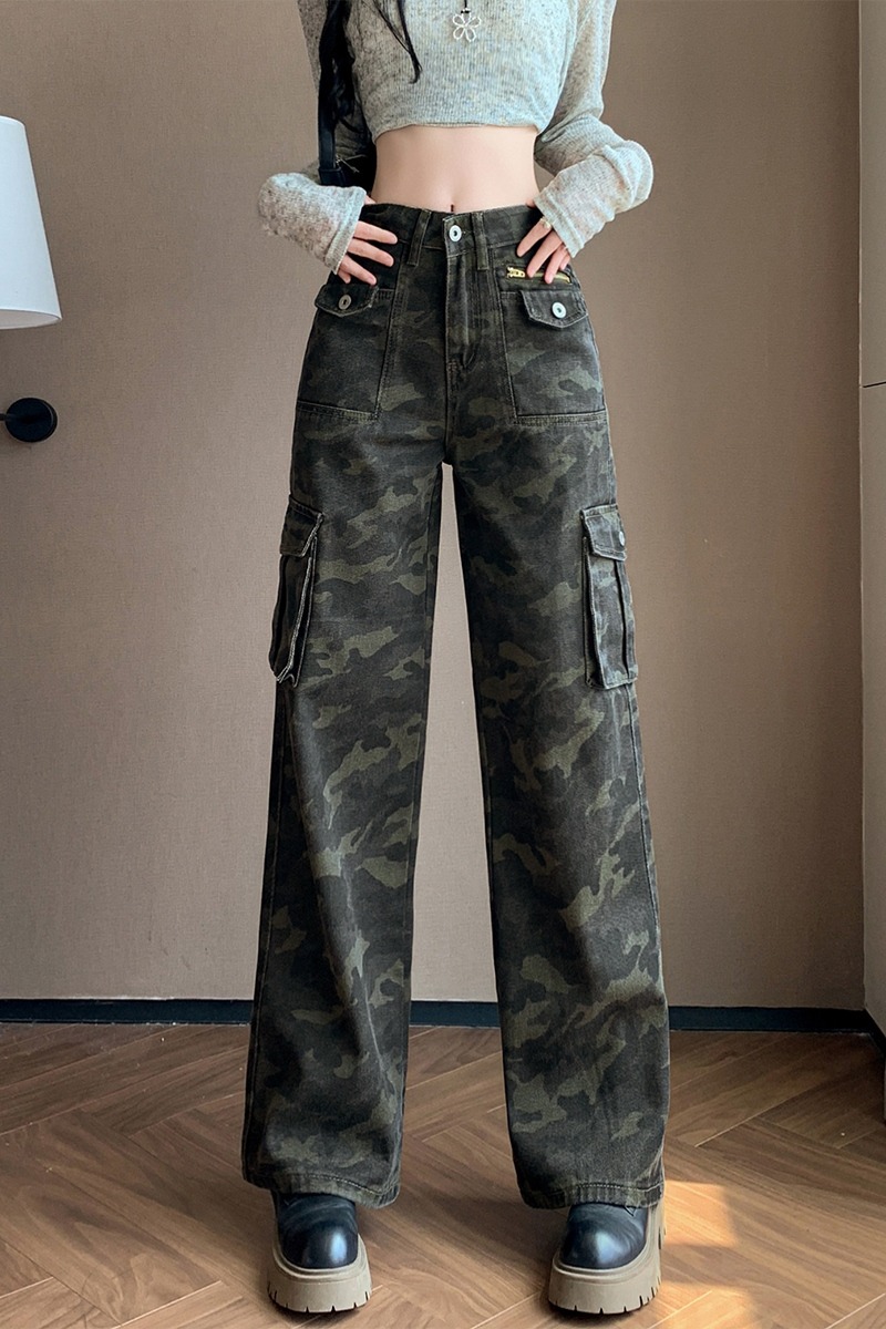 大貨實拍無彈精棉牛仔褲女2025秋冬季美式辣妹風型豹紋迷彩工裝褲