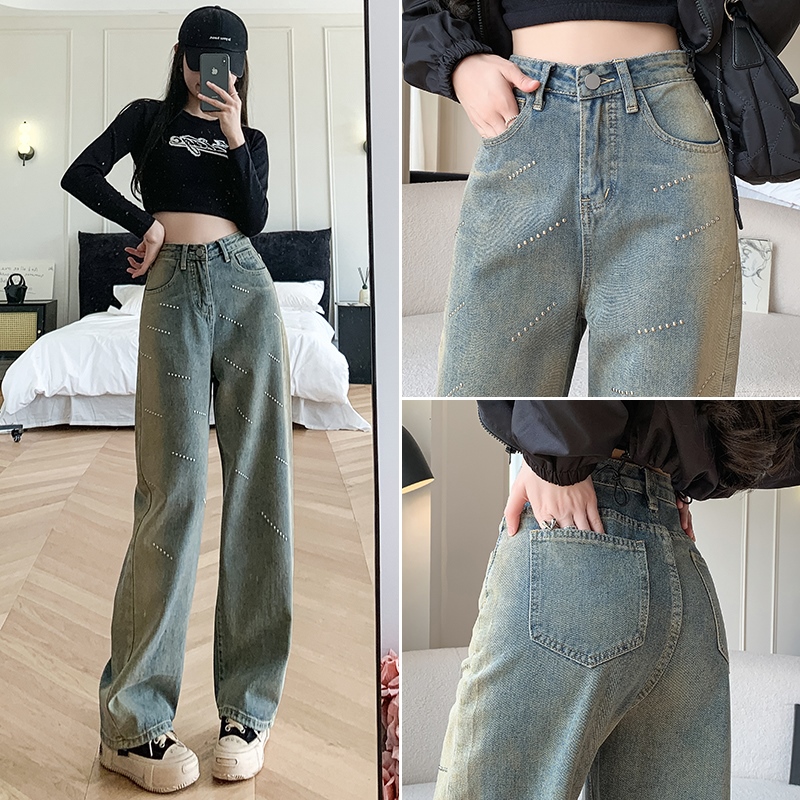 實拍復古水泥灰燙鉆牛仔褲女2025秋季韓版新款高腰直筒寬松闊腿褲