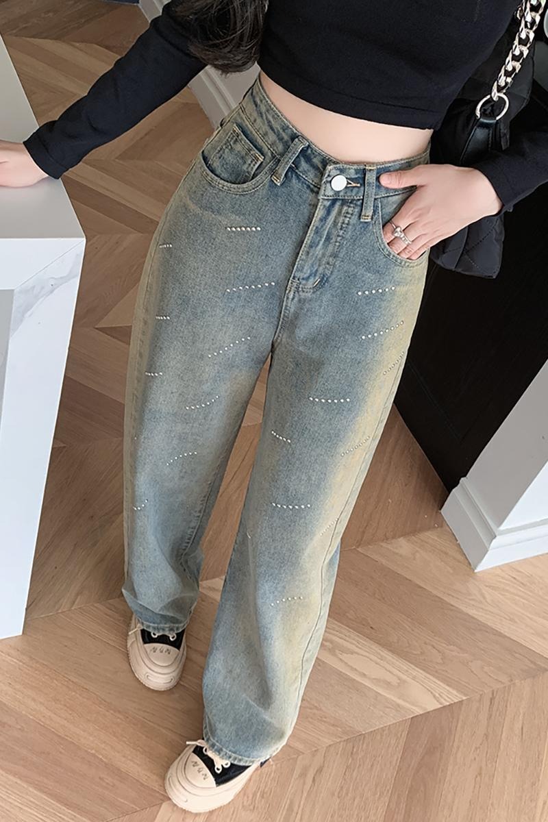 實拍復古水泥灰燙鉆牛仔褲女2025秋季韓版新款高腰直筒寬松闊腿褲