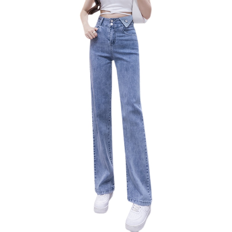 實拍高腰淺色牛仔闊腿褲女2025秋季韓版寬松彈力ins百搭拖地長褲