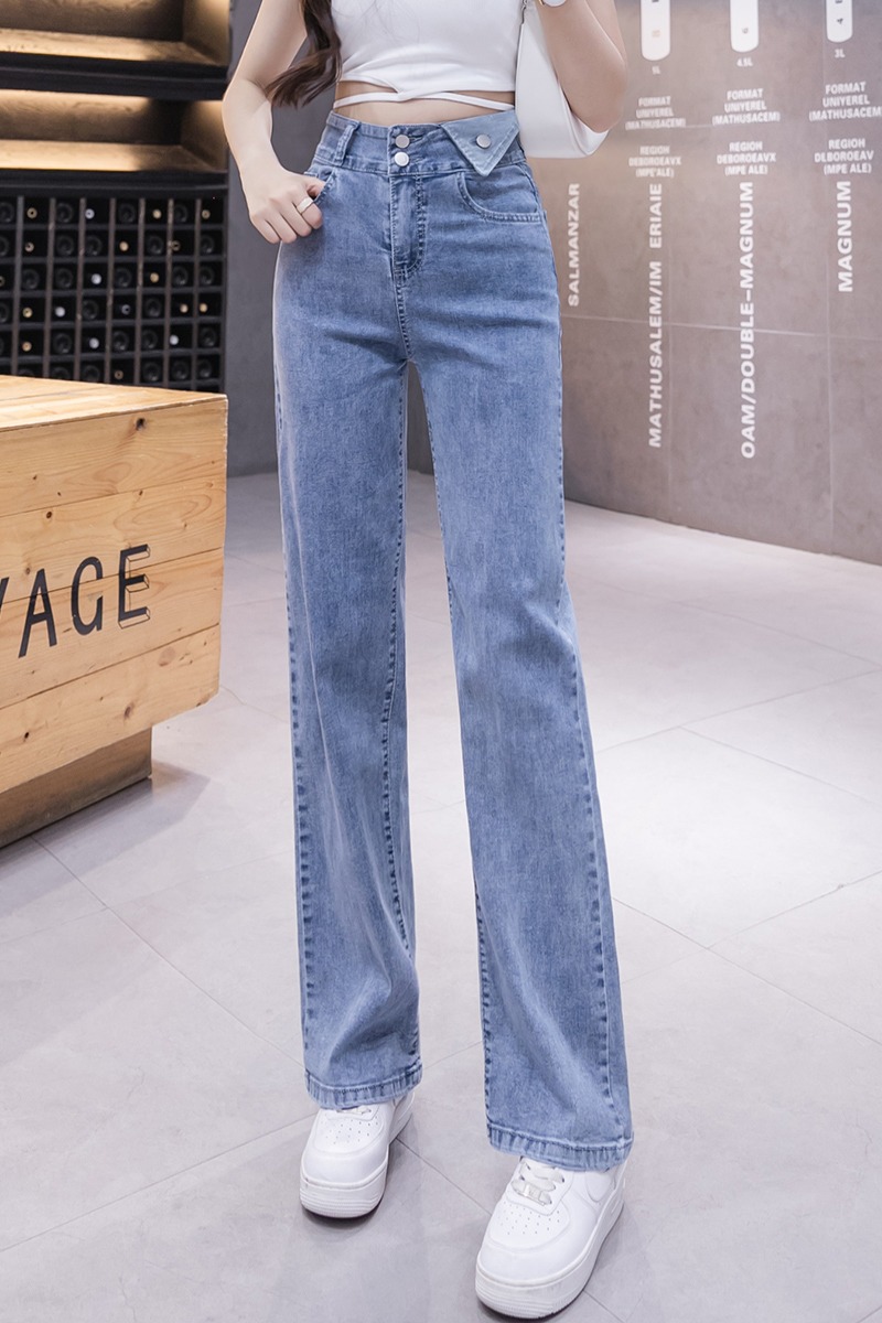 實拍高腰淺色牛仔闊腿褲女2025秋季韓版寬松彈力ins百搭拖地長褲