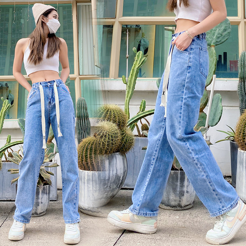 實拍設計感抽繩牛仔直筒褲女2025韓版秋季新款高腰寬松闊腿褲ins