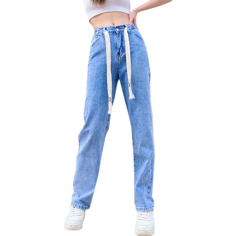 實拍設計感抽繩牛仔直筒褲女2025韓版秋季新款高腰寬松闊腿褲ins
