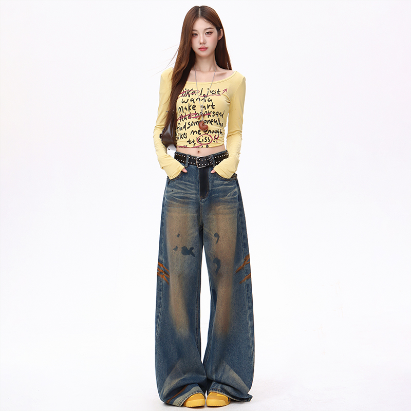 實拍大貨闊腿拖地褲女2025秋冬季辣妹風顯瘦重工扎染涂鴉美式潮褲