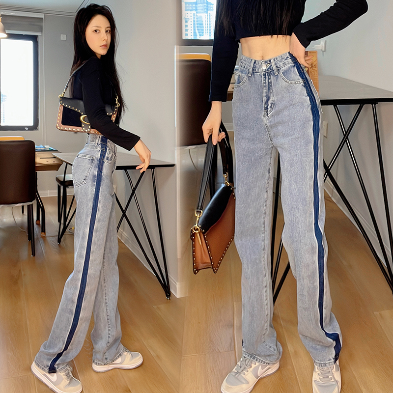 實拍漸變撞色直筒牛仔褲女2025秋季百搭高腰寬松小個子拖地闊腿褲