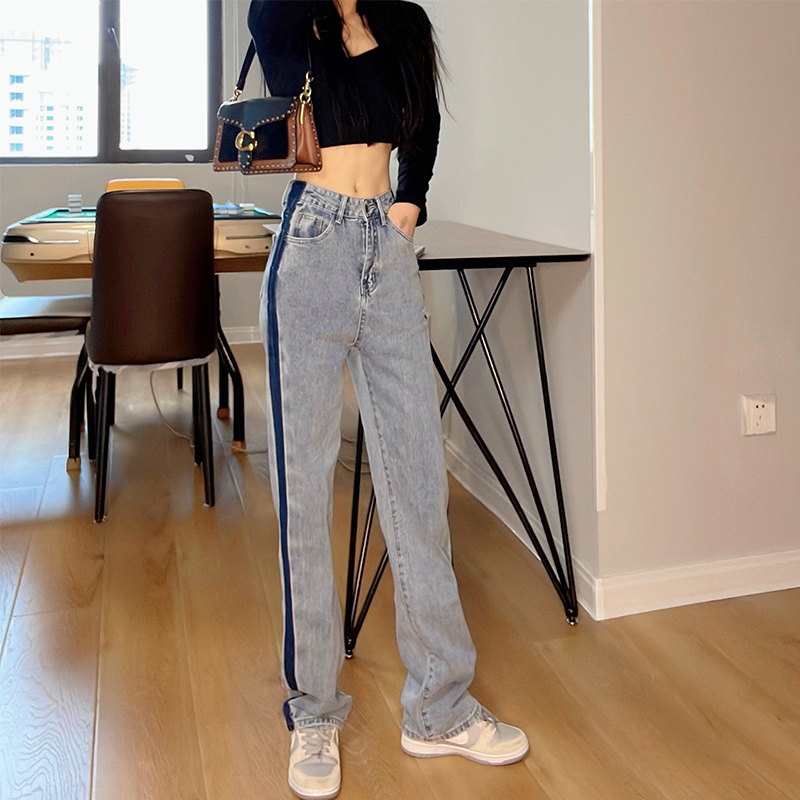 實拍漸變撞色直筒牛仔褲女2025秋季百搭高腰寬松小個子拖地闊腿褲