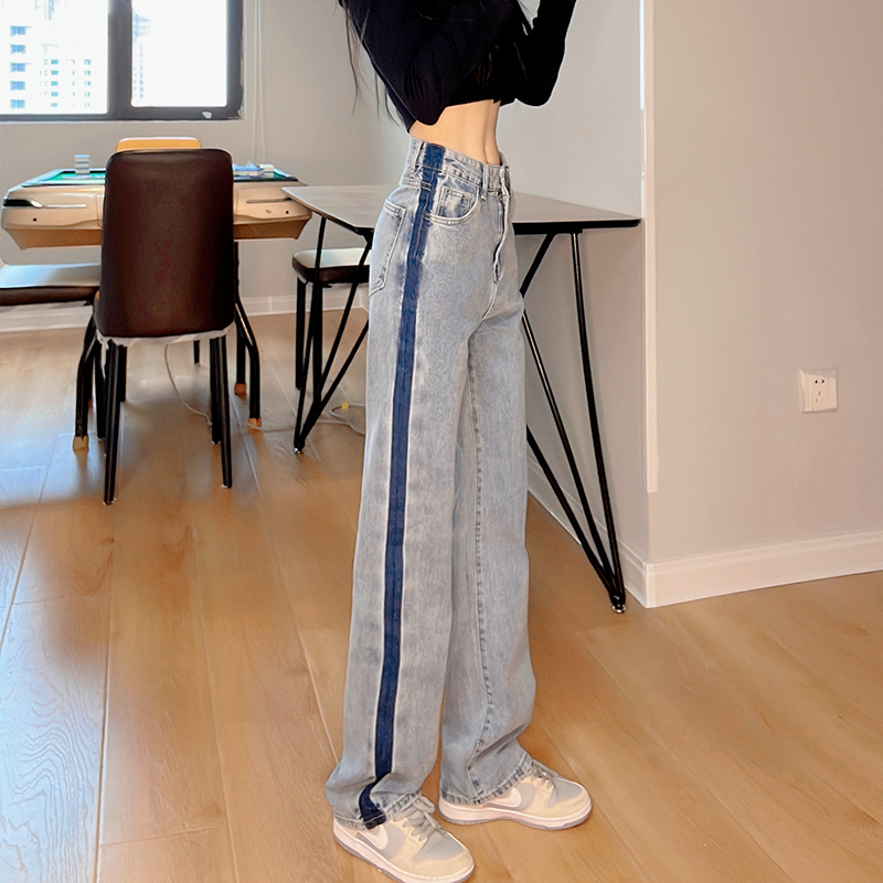 實拍漸變撞色直筒牛仔褲女2025秋季百搭高腰寬松小個子拖地闊腿褲