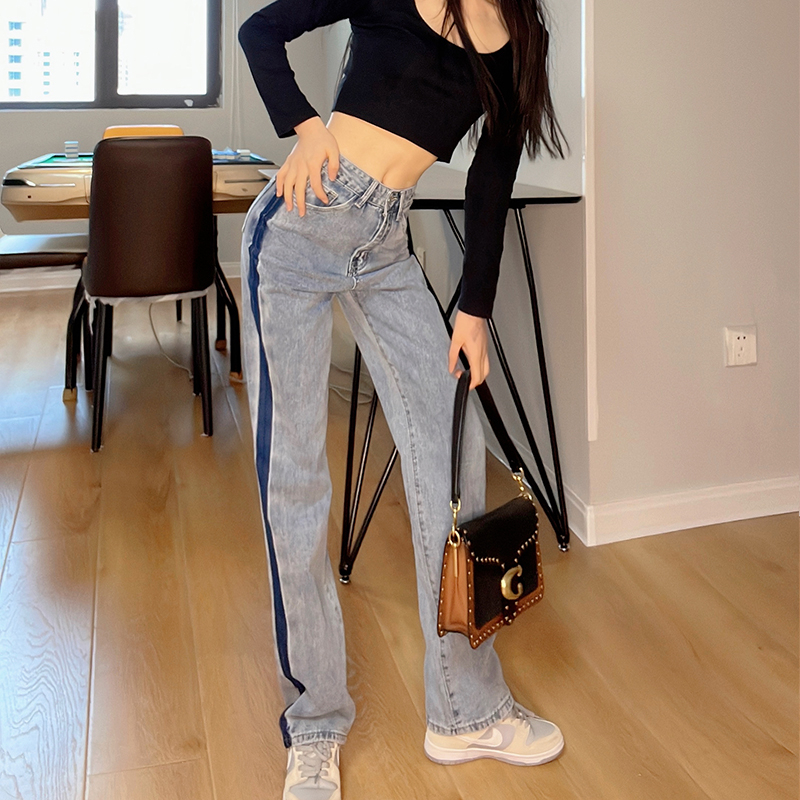 實拍漸變撞色直筒牛仔褲女2025秋季百搭高腰寬松小個子拖地闊腿褲