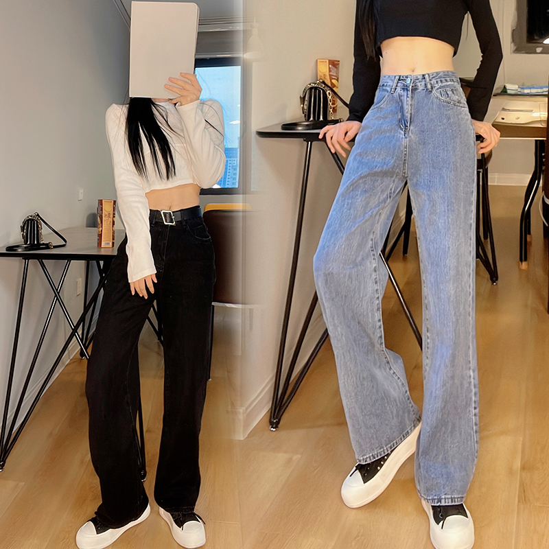 實拍直筒牛仔褲女2025秋季小個子百搭顯瘦腰帶寬松九分煙管哈倫褲