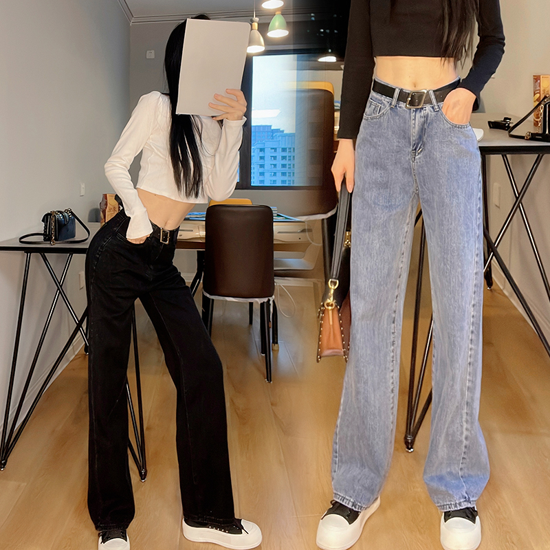實拍直筒牛仔褲女2025秋季小個子百搭顯瘦腰帶寬松九分煙管哈倫褲