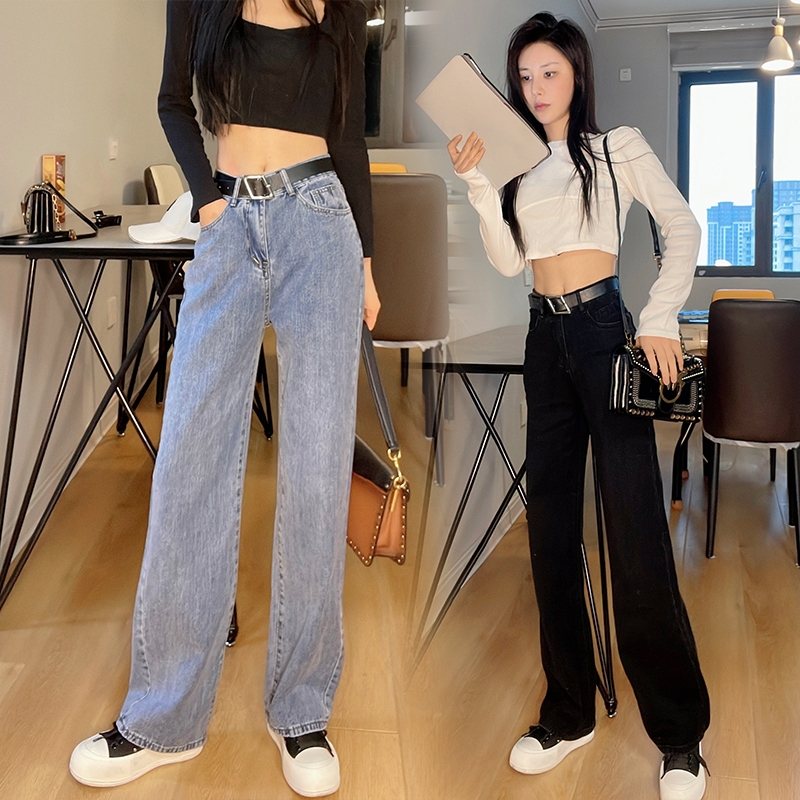 實拍直筒牛仔褲女2025秋季小個子百搭顯瘦腰帶寬松九分煙管哈倫褲