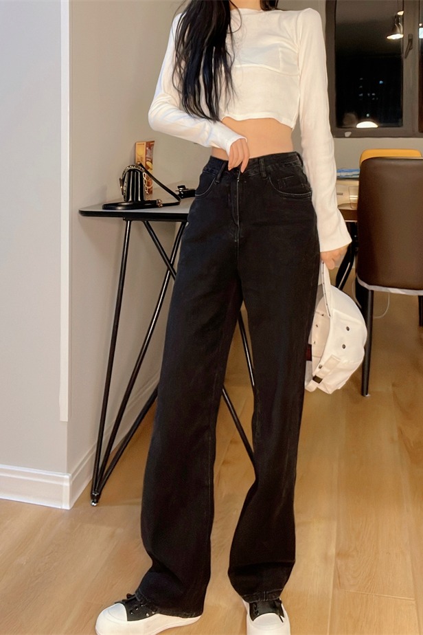 實拍直筒牛仔褲女2025秋季小個子百搭顯瘦腰帶寬松九分煙管哈倫褲