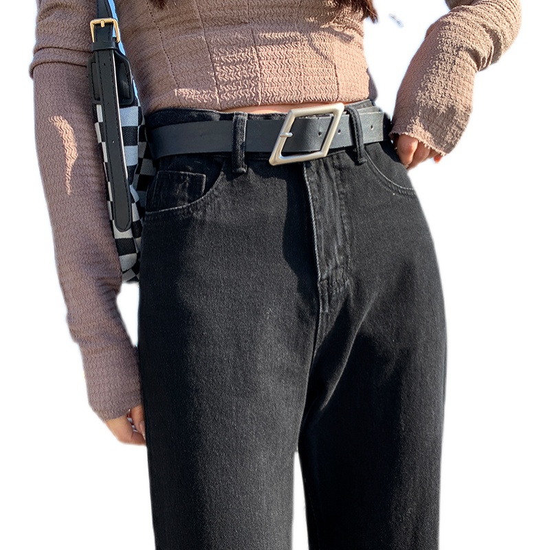 實拍配腰帶窄款牛仔直筒褲女2025秋季韓版百搭高腰顯瘦哈倫闊腳褲