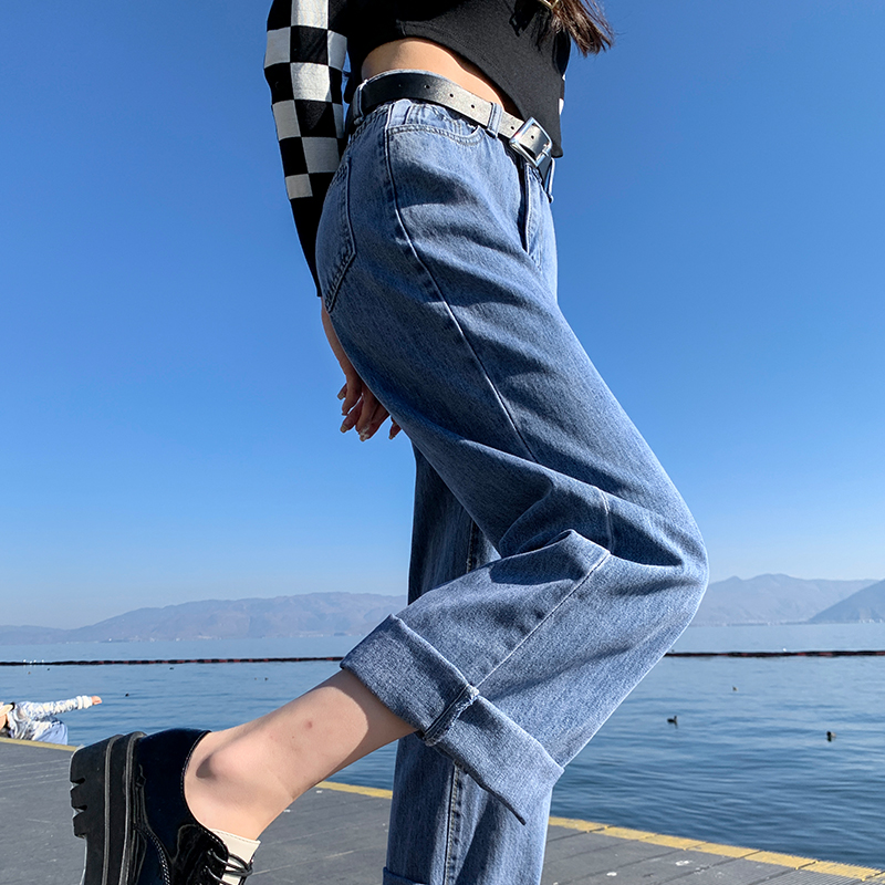 實拍配腰帶窄款牛仔直筒褲女2025秋季韓版百搭高腰顯瘦哈倫闊腳褲