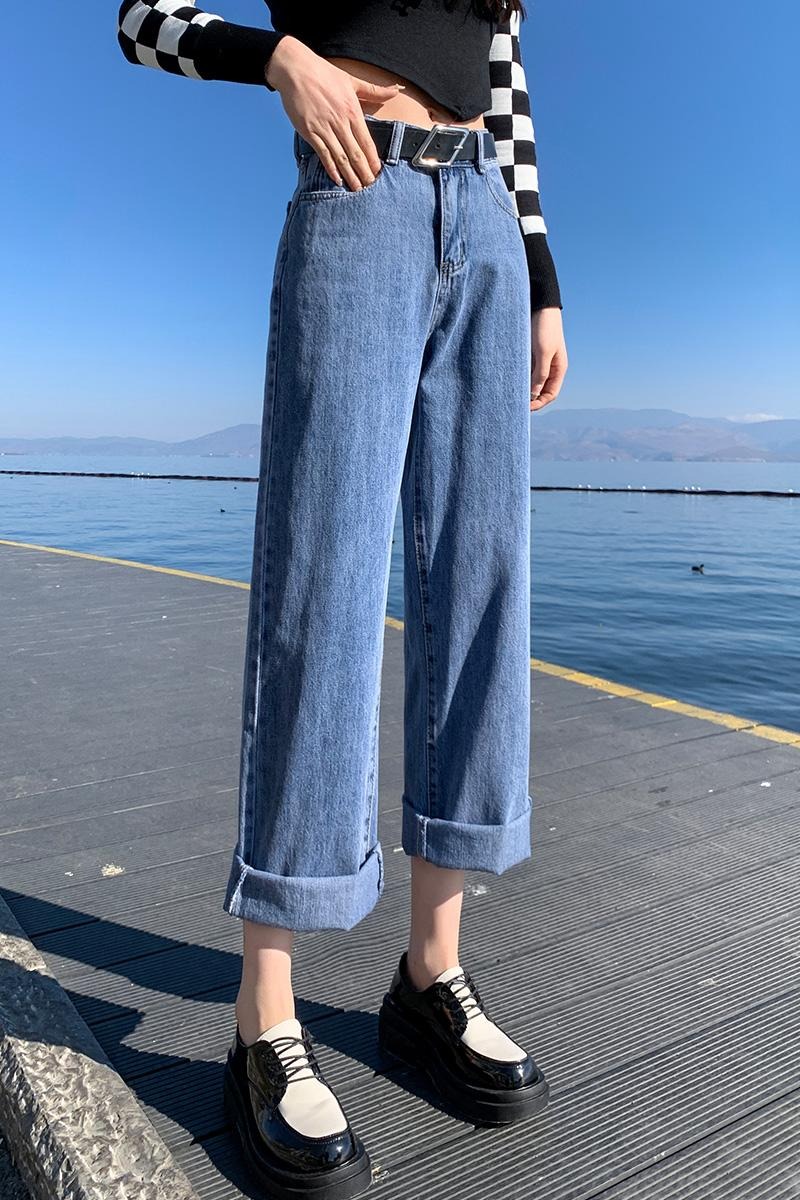 實拍配腰帶窄款牛仔直筒褲女2025秋季韓版百搭高腰顯瘦哈倫闊腳褲