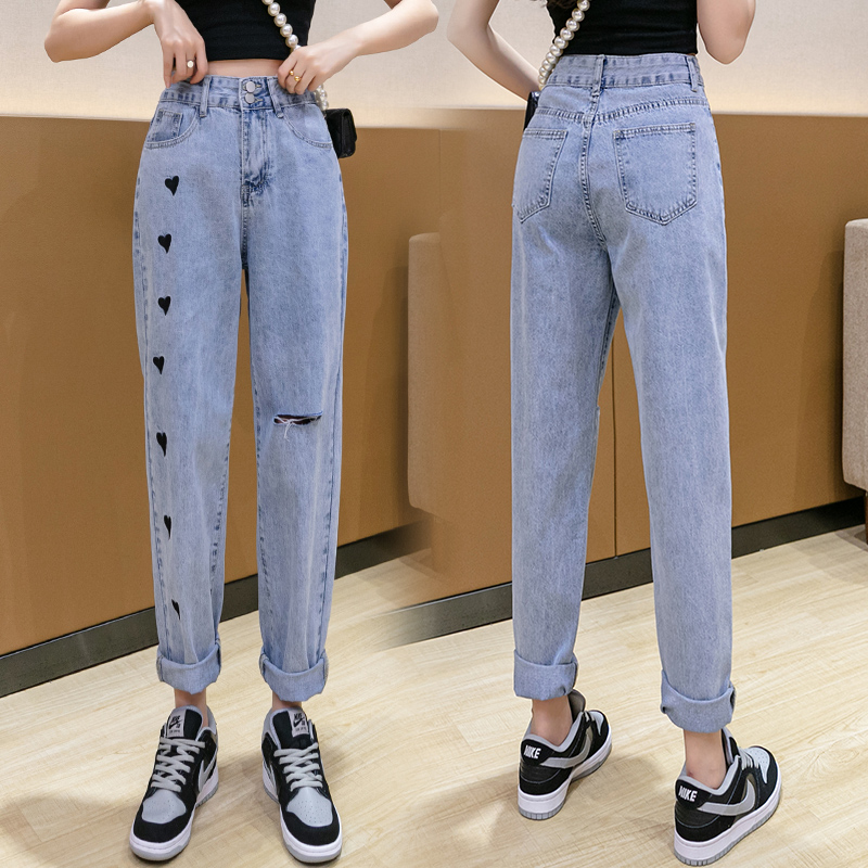 實拍刺繡愛心牛仔直筒褲女2025秋季韓版高腰顯瘦破洞九分哈倫褲