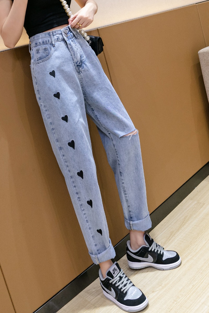 實拍刺繡愛心牛仔直筒褲女2025秋季韓版高腰顯瘦破洞九分哈倫褲
