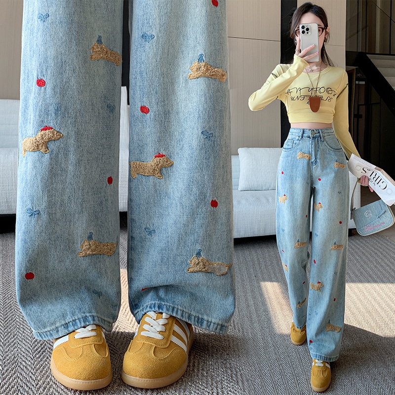 實拍小狗刺繡牛仔闊腿褲女2025秋季韓版高腰顯瘦百搭拖地直筒長褲
