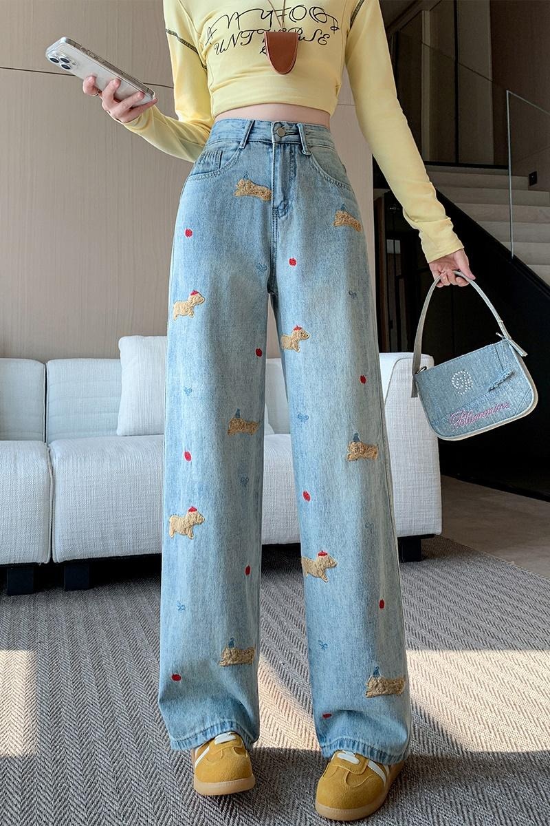 實拍小狗刺繡牛仔闊腿褲女2025秋季韓版高腰顯瘦百搭拖地直筒長褲
