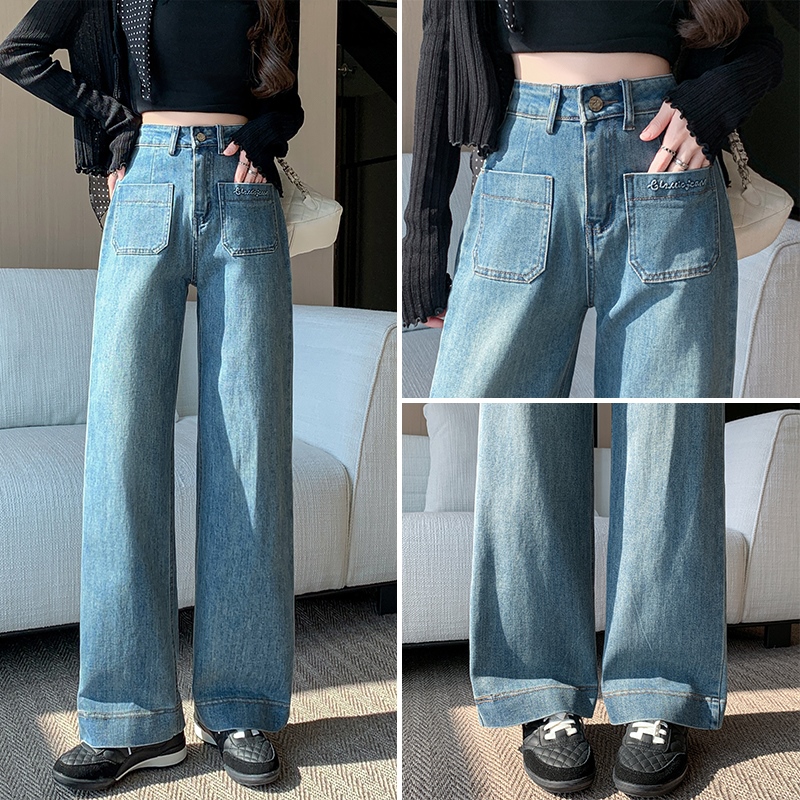 實拍垂感彈力牛仔闊腿褲女2025秋季韓版新款高腰顯瘦直筒拖地長褲