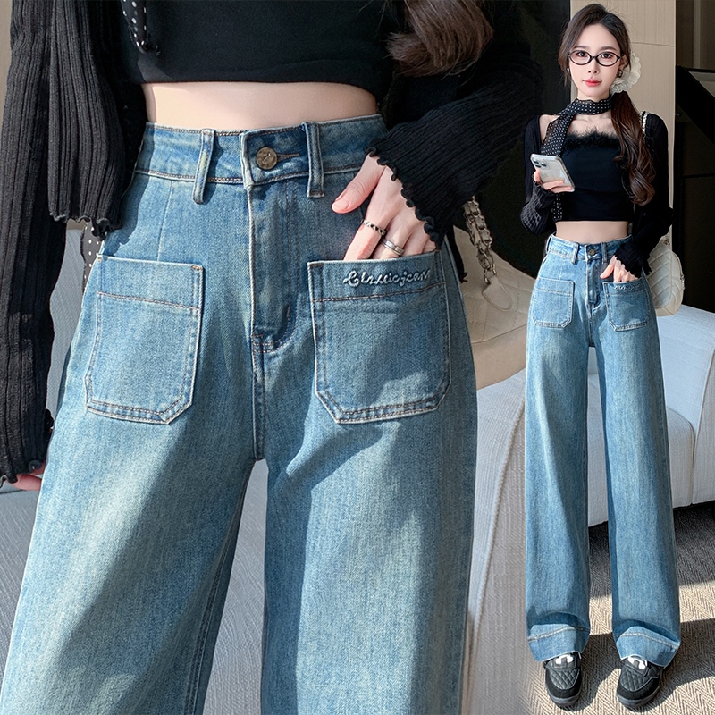 實拍垂感彈力牛仔闊腿褲女2025秋季韓版新款高腰顯瘦直筒拖地長褲