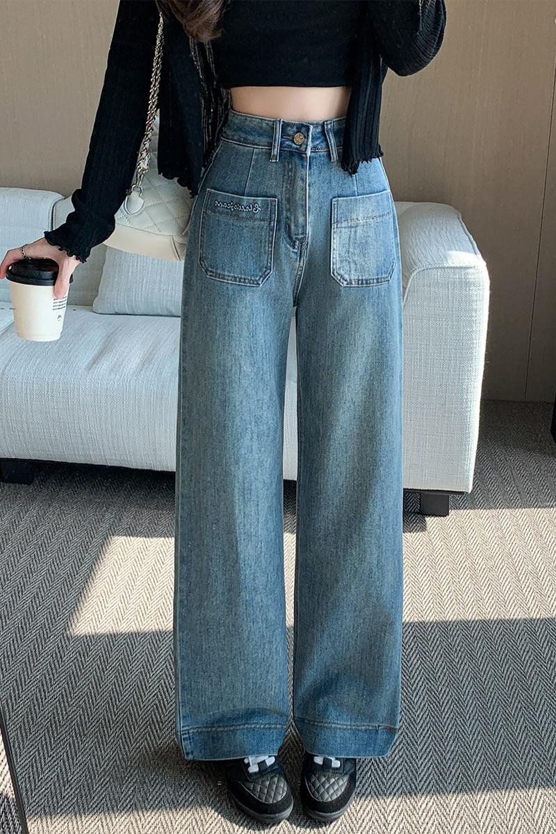 實拍垂感彈力牛仔闊腿褲女2025秋季韓版新款高腰顯瘦直筒拖地長褲