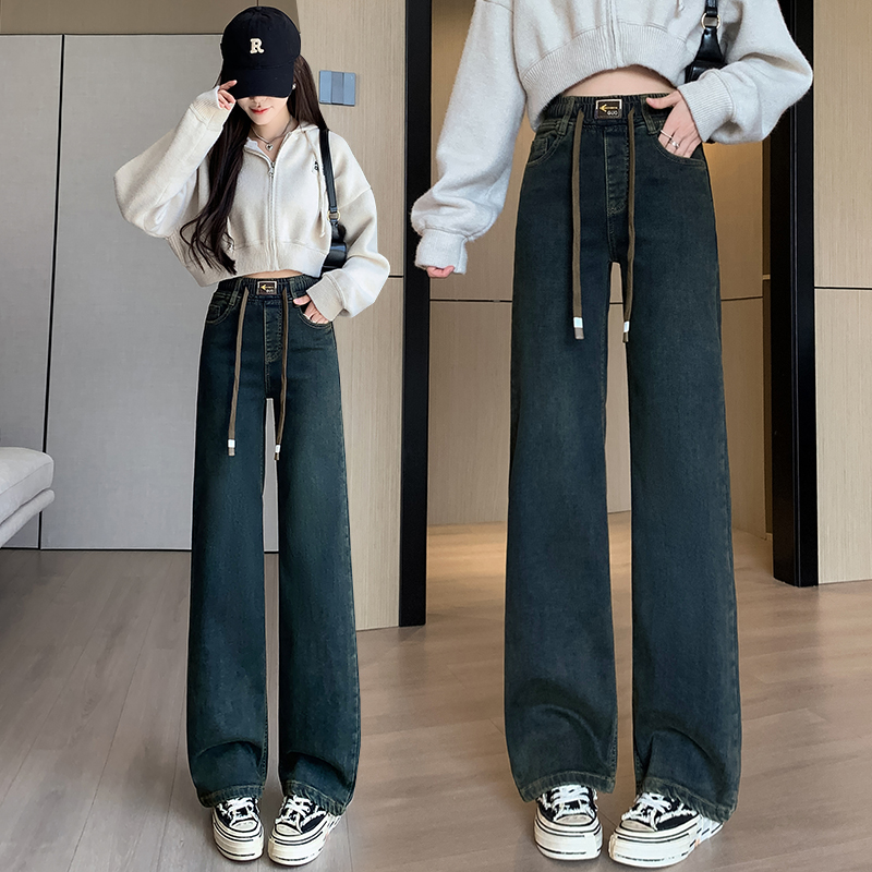 實拍抽繩加絨加厚闊腿牛仔褲女2025冬季韓版彈力寬松腰顯瘦直筒褲