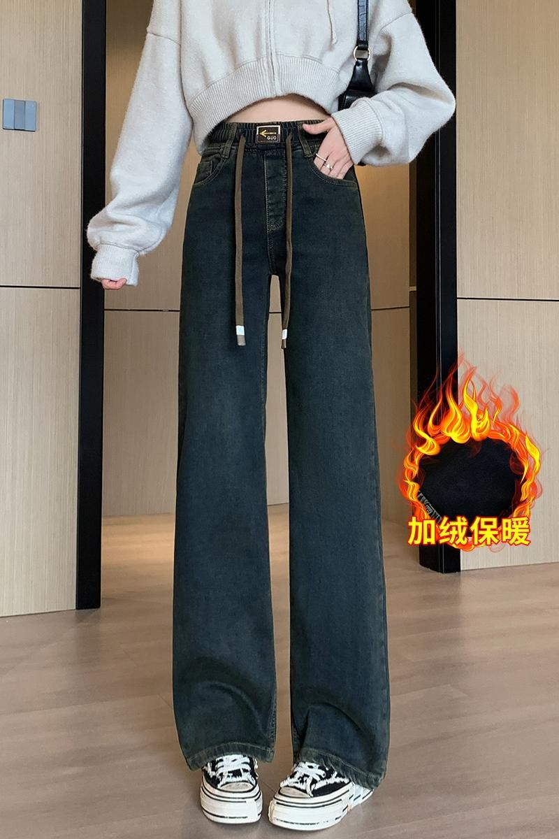 實拍抽繩加絨加厚闊腿牛仔褲女2025冬季韓版彈力寬松腰顯瘦直筒褲