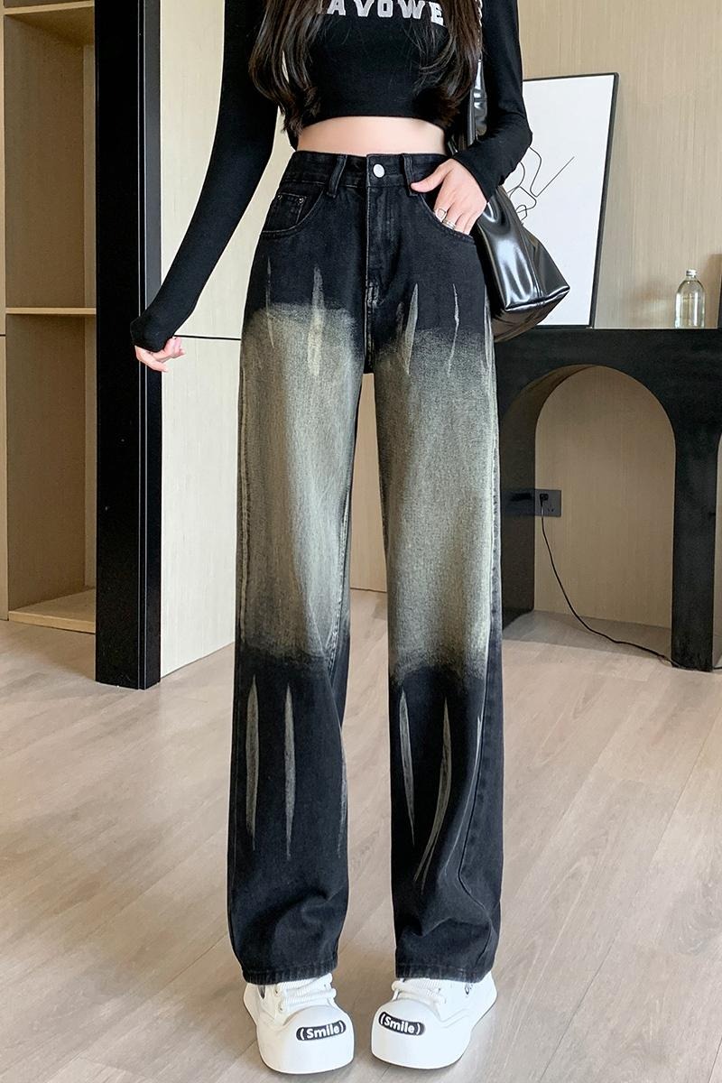 實拍高腰撞色設計感抓紋闊腿牛仔褲女2025秋季寬松顯瘦窄款直筒褲
