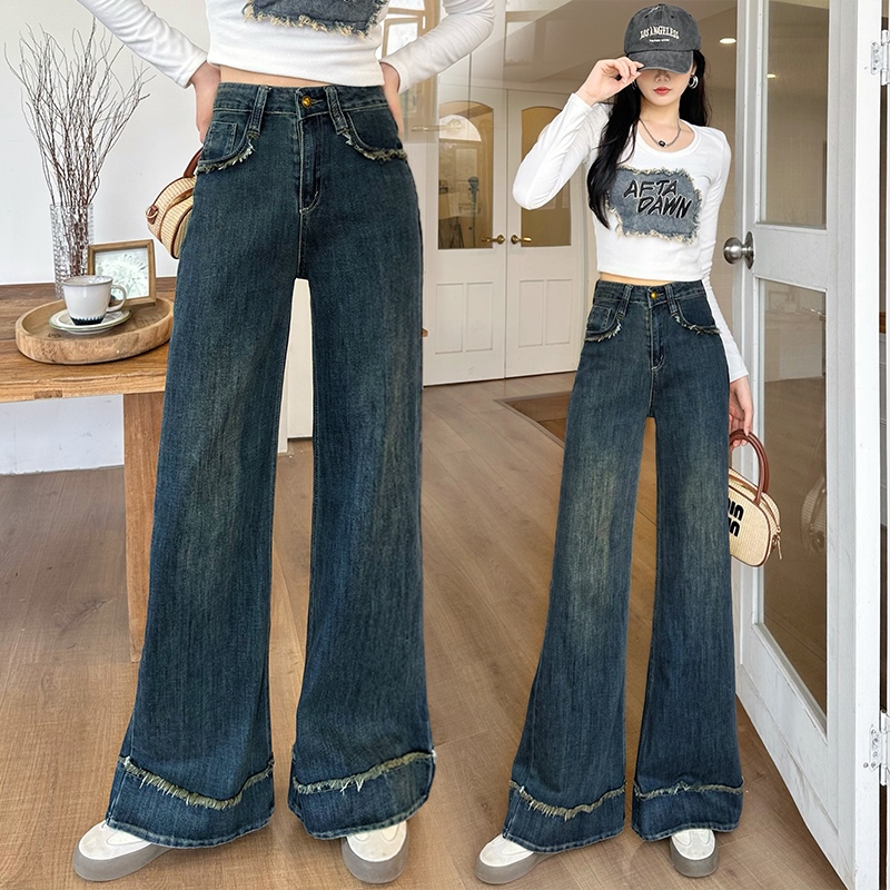 實拍復古藍牛仔闊腿褲女2025秋季新款韓版高腰毛邊顯瘦寬松大擺褲