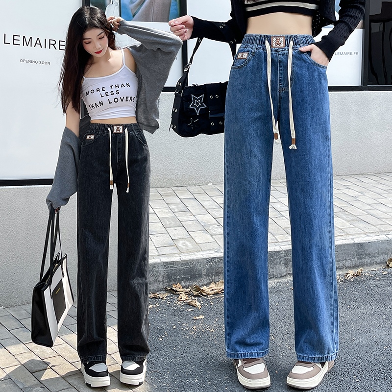 實拍加絨加厚牛仔闊腿褲女2025秋冬韓式松緊腰顯瘦垂感直筒哈倫褲