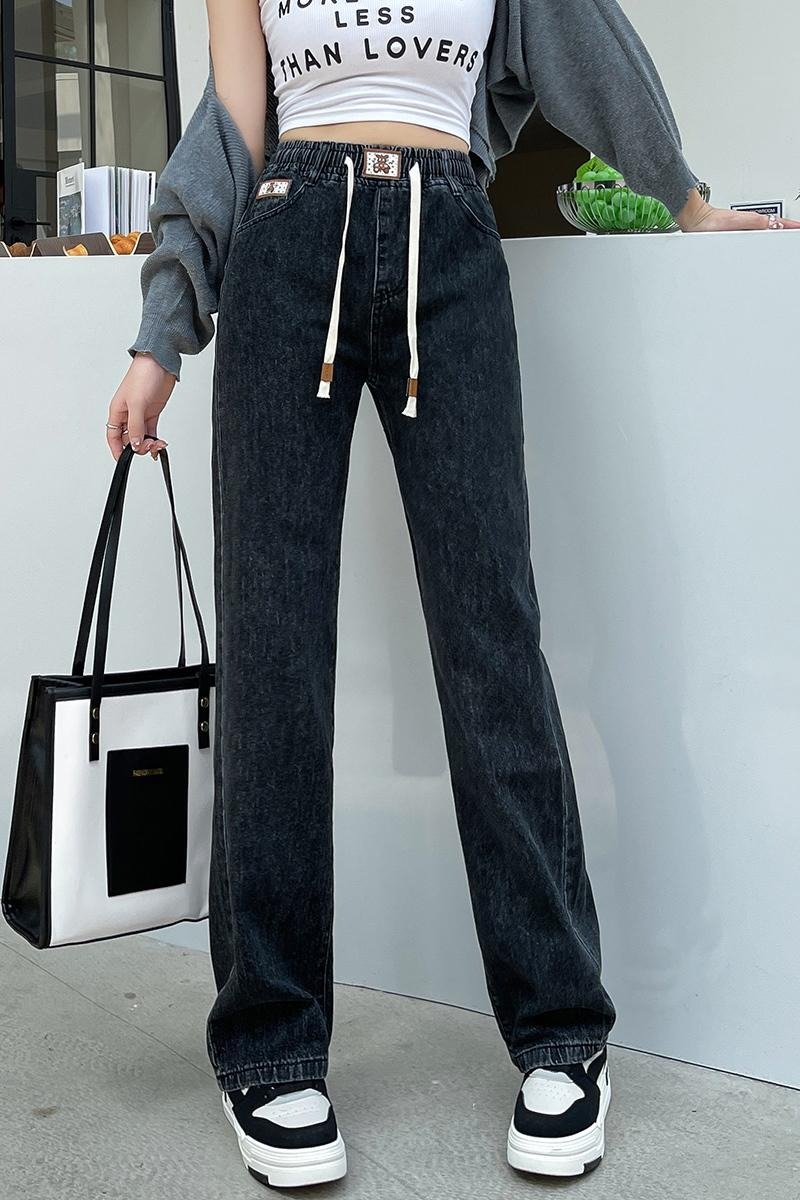 實拍加絨加厚牛仔闊腿褲女2025秋冬韓式松緊腰顯瘦垂感直筒哈倫褲