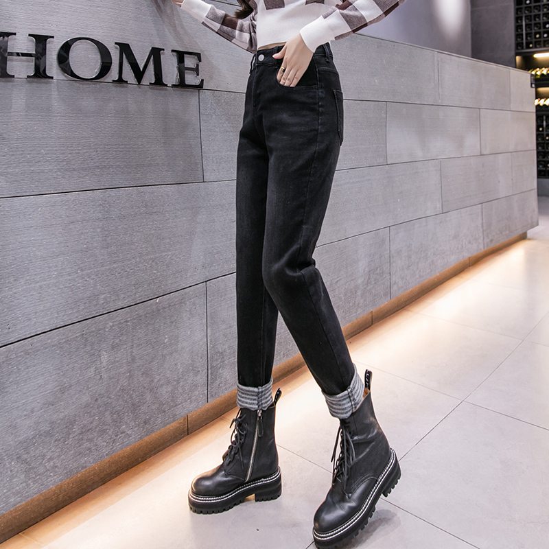 實拍高腰條紋絨牛仔小腳褲女2025冬季韓版彈力修身顯瘦九分直筒褲