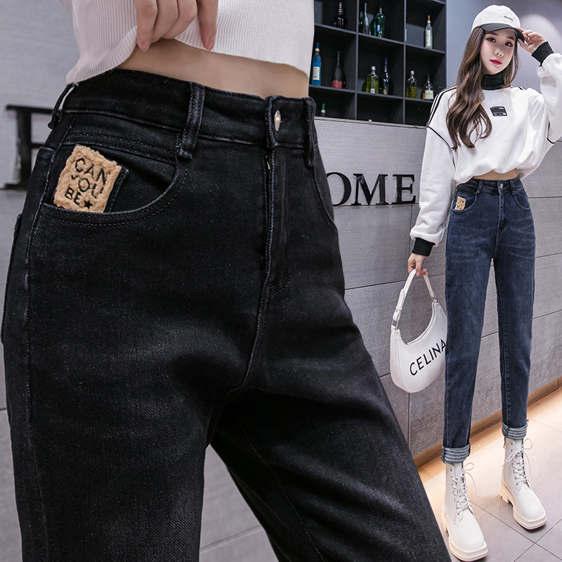 實拍高腰條紋絨牛仔小腳褲女2025冬季韓版彈力修身顯瘦九分直筒褲