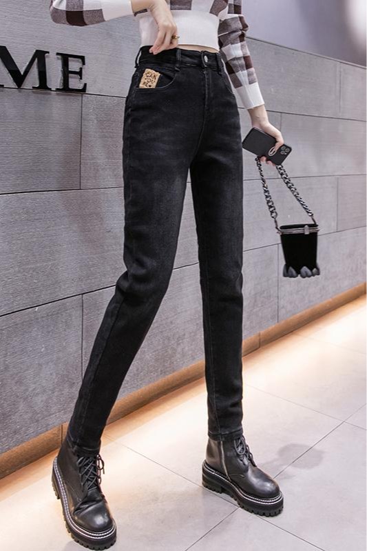 實拍高腰條紋加絨牛仔煙管褲女2025冬季韓版彈力顯瘦直筒小腳褲
