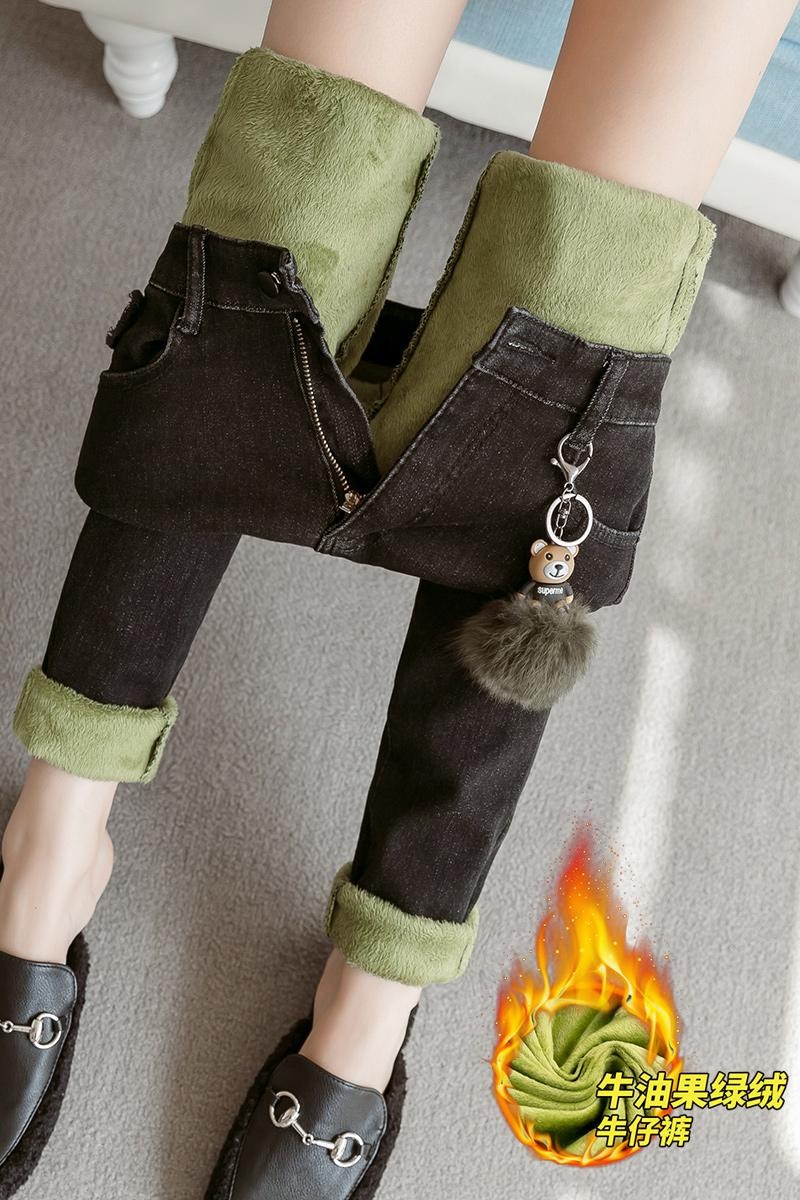 實拍牛油果絨加絨牛仔褲女2025冬季韓版高腰提臀彈力顯瘦小腳長褲