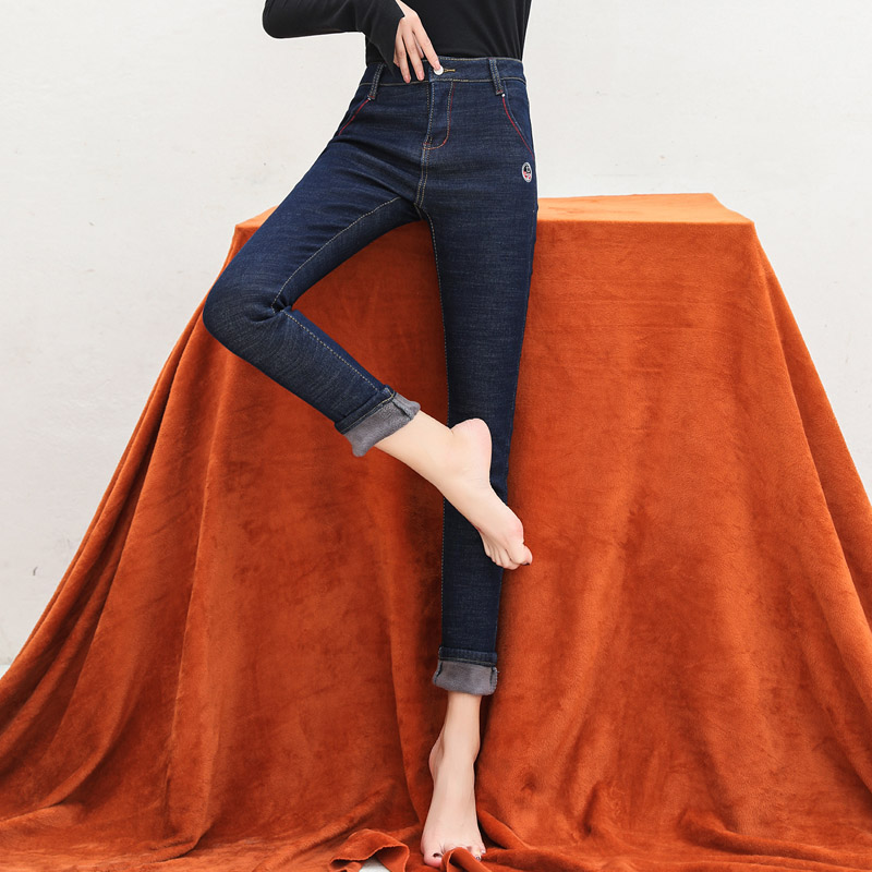 實拍加絨加厚牛仔小腳褲女2025冬季韓版高腰彈力提臀顯瘦長褲 2色