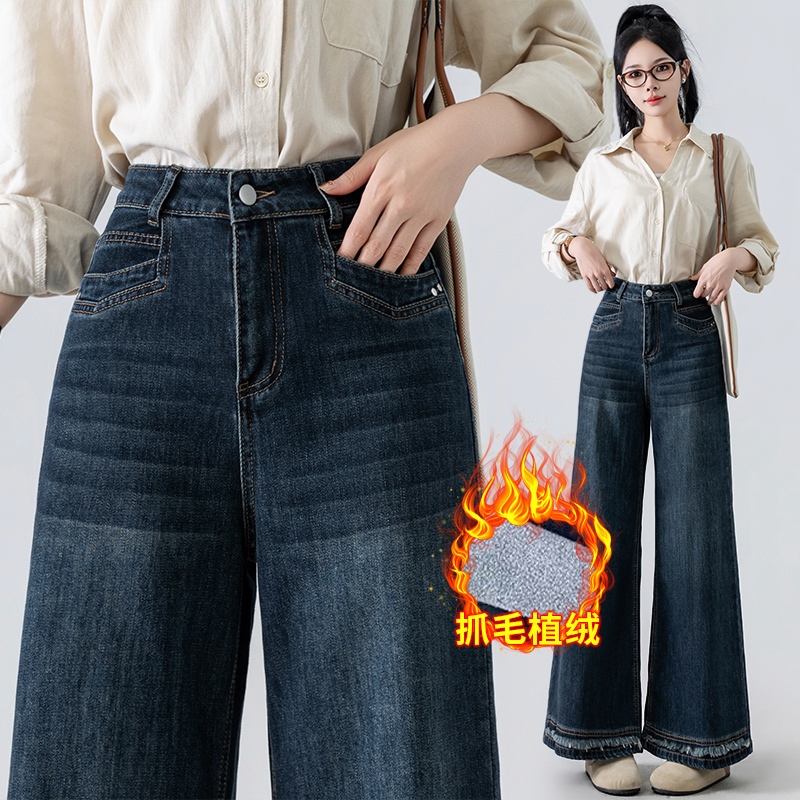 實拍大量貨源加絨彈力筒喇叭褲女2025秋冬季辣妹風顯瘦遮肉牛仔褲