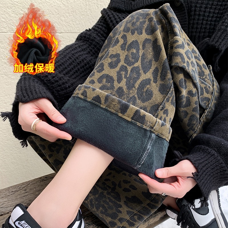 實拍美式辣妹豹紋加絨加厚工裝牛仔褲女2025冬新款寬松直筒闊腿褲