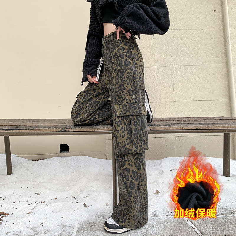 實拍美式辣妹豹紋加絨加厚工裝牛仔褲女2025冬新款寬松直筒闊腿褲