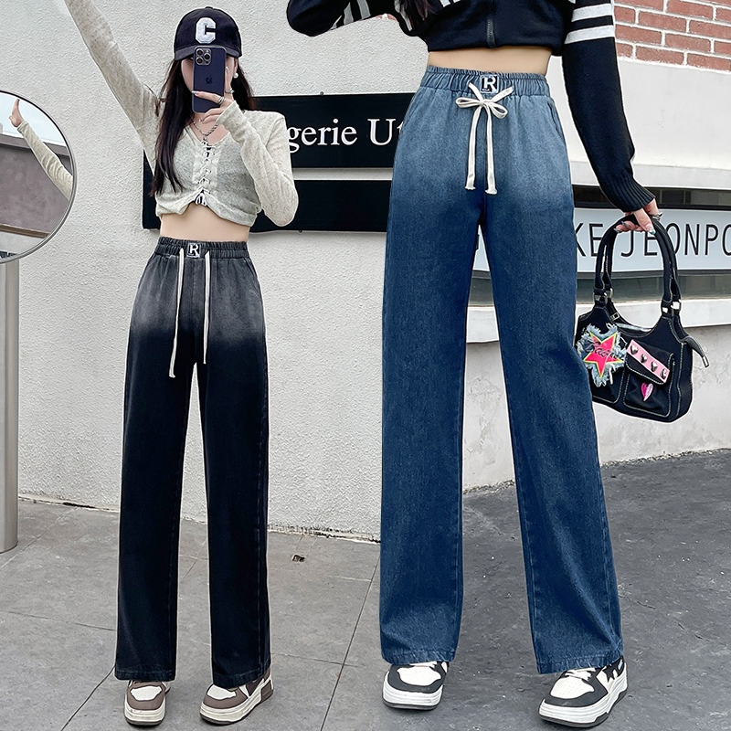 實拍小個子松緊腰牛仔闊腿褲女2025秋冬韓版高腰垂感直筒老爹褲潮