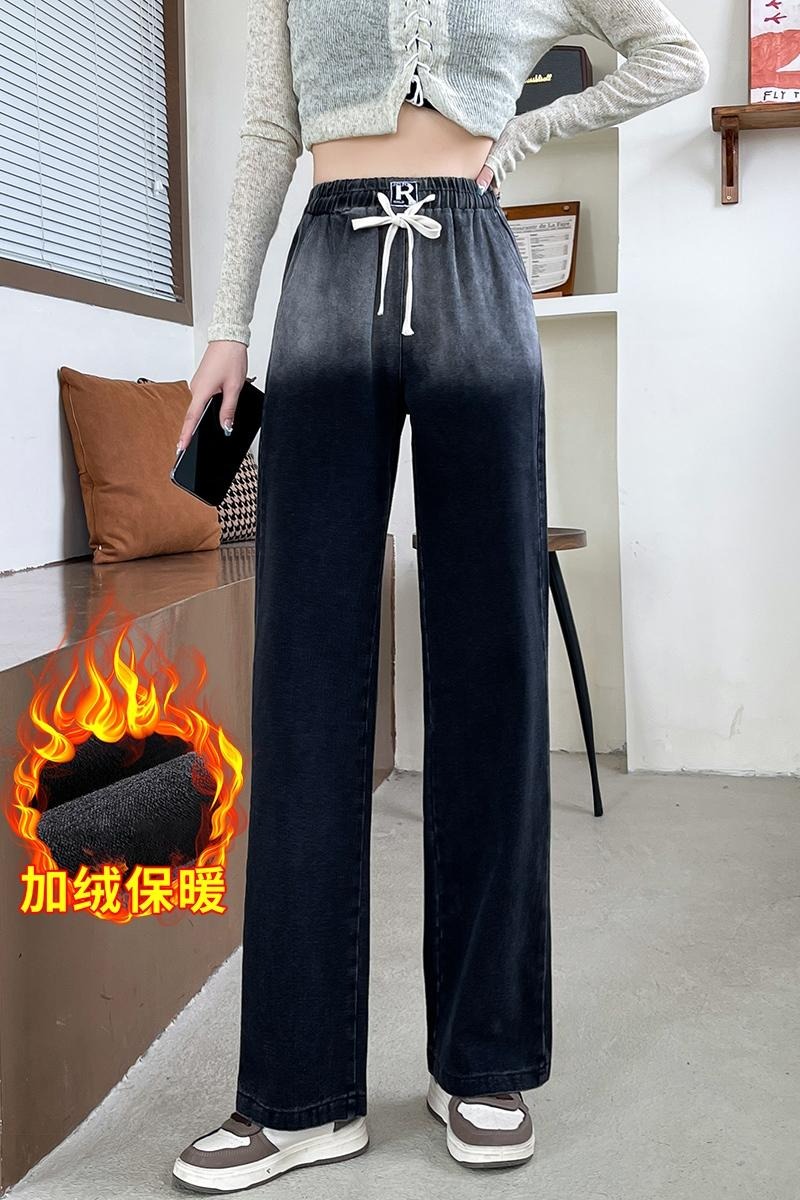 實拍小個子松緊腰牛仔闊腿褲女2025秋冬韓版高腰垂感直筒老爹褲潮