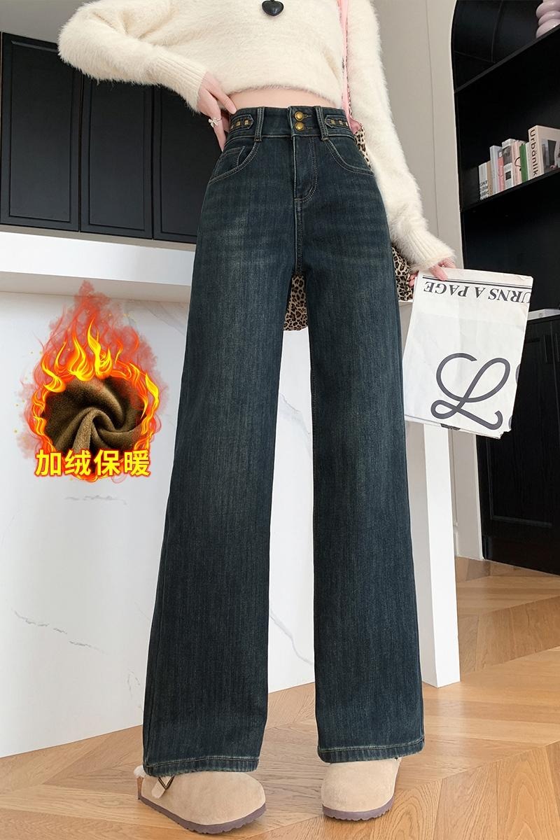 實拍高腰彈力牛仔闊腿褲女2025冬季新款韓版加絨加厚垂感直筒長褲